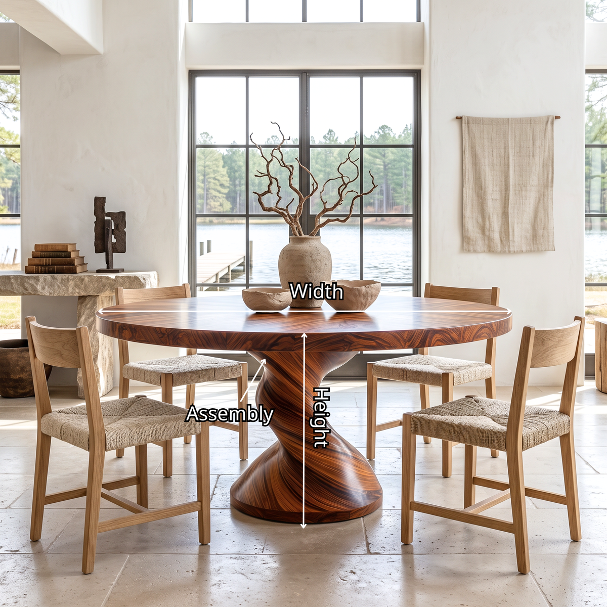 Dining Table with Twisted Pedestal Base and Round Solid Wood Top
