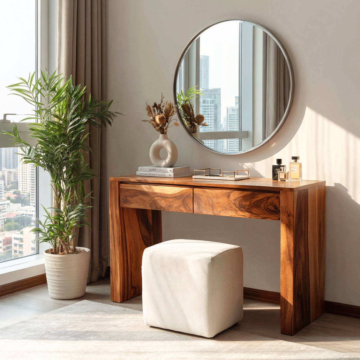 Solid Wood Vanity Table with Dual Drawers for Modern Bedroom
