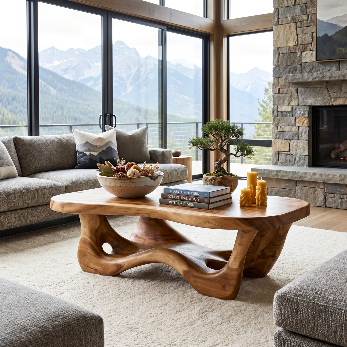 Organic Solid Wood Coffee Table with Flowing Sculptural Base and Soft Rounded Top