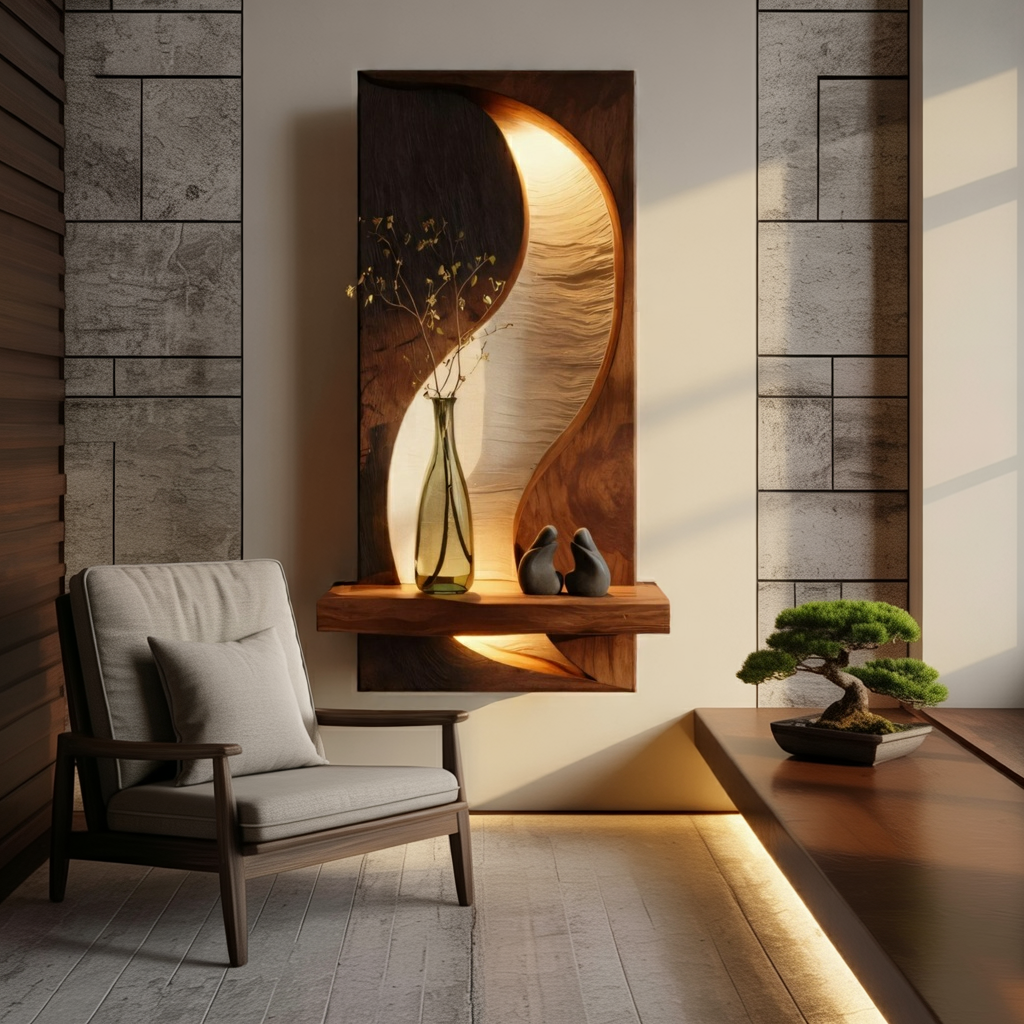 Illuminated Solid Wood Wall Panel with Floating Shelf