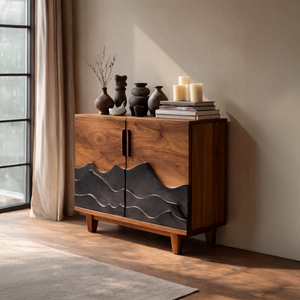 Solid Wood Sideboard with Carved Wave Design Modern Rustic Storage Cabinet Statement Buffet for Living Room