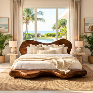 Organic Solid Wood Bed with Sculptural Curved Headboard and Platform Base