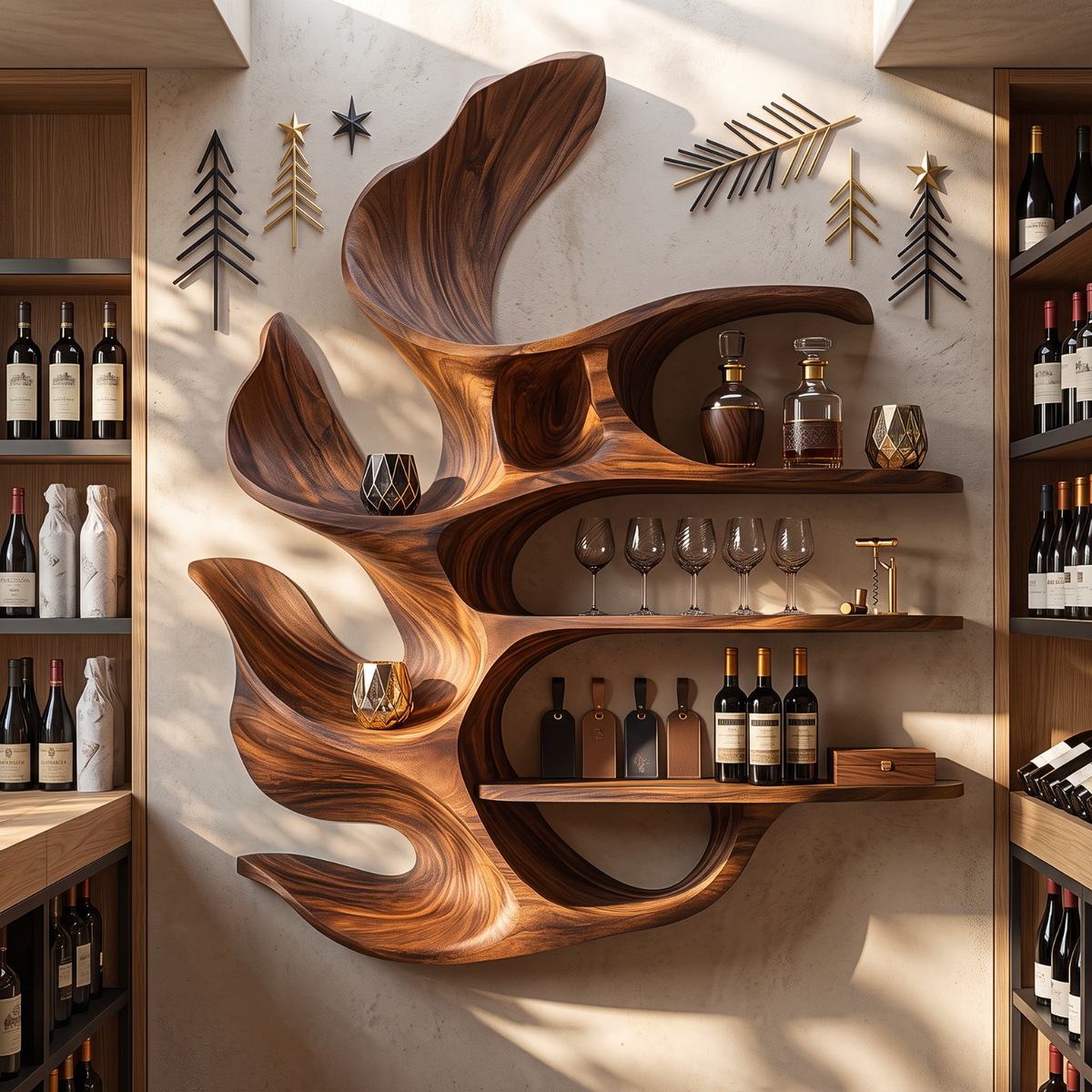 Carved Leaf Solid Wood Wall Wine Holder with Four Floating Display Shelves