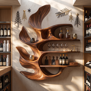 Carved Leaf Solid Wood Wall Wine Holder with Four Floating Display Shelves