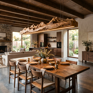 Organic Solid Wood Linear Pendant Light with Sculptural Live Edge Form
