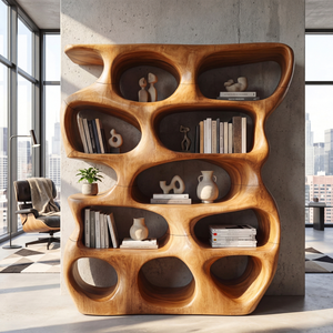 Abstract Organic Wood Display Shelf with Rounded Open Niches and Sculptural Form