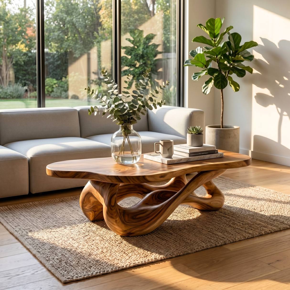 Handmade Solid Wood Coffee Table with Twisted Open Base and Smooth Rounded Top