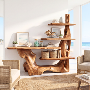 Sculptural Solid Wood Console Table with Tiered Shelving Organic Entryway Table