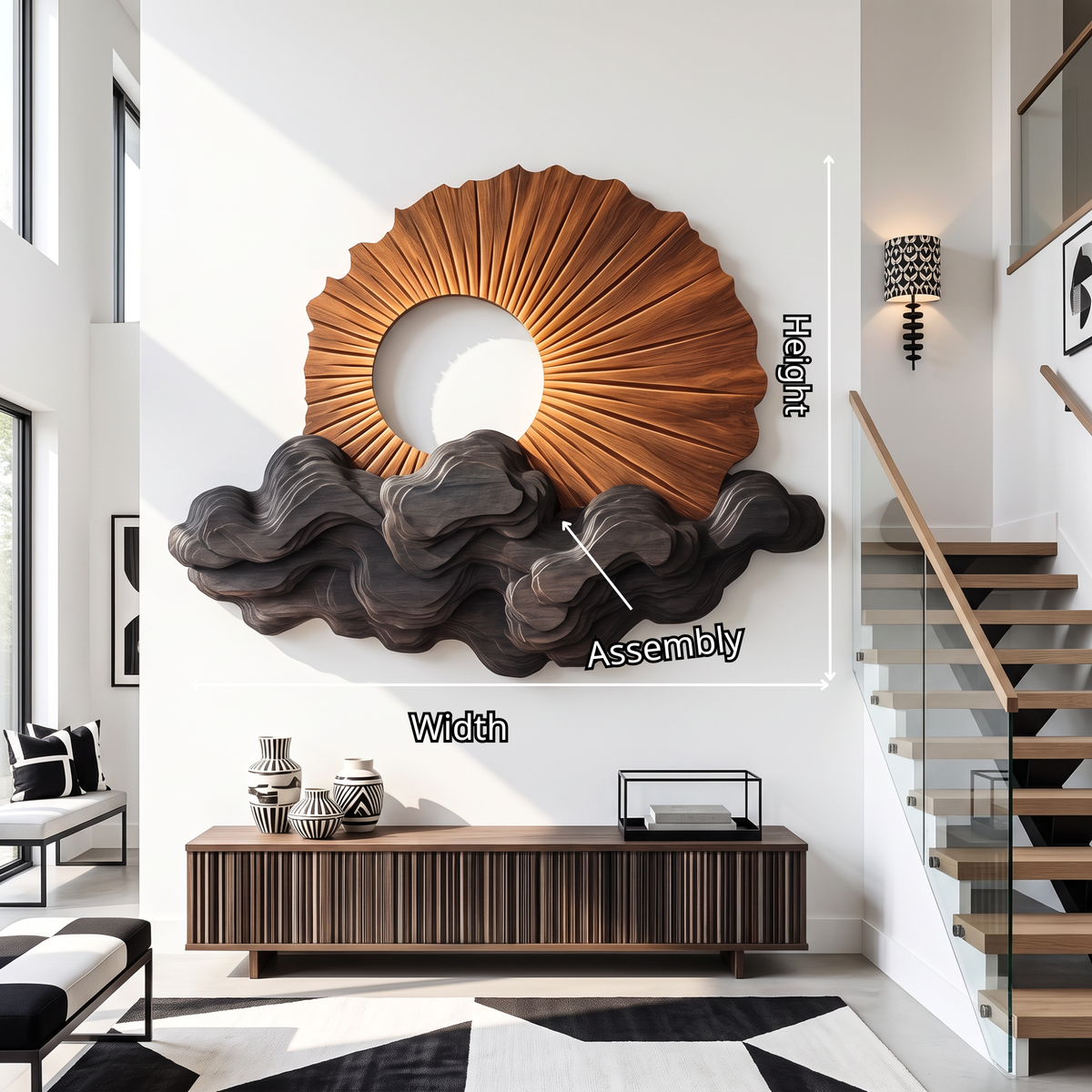 Wall Sculpture Solid Wood with Radiating Sun Design and Layered Dark Wave Clouds