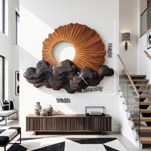 Wall Sculpture Solid Wood with Radiating Sun Design and Layered Dark Wave Clouds