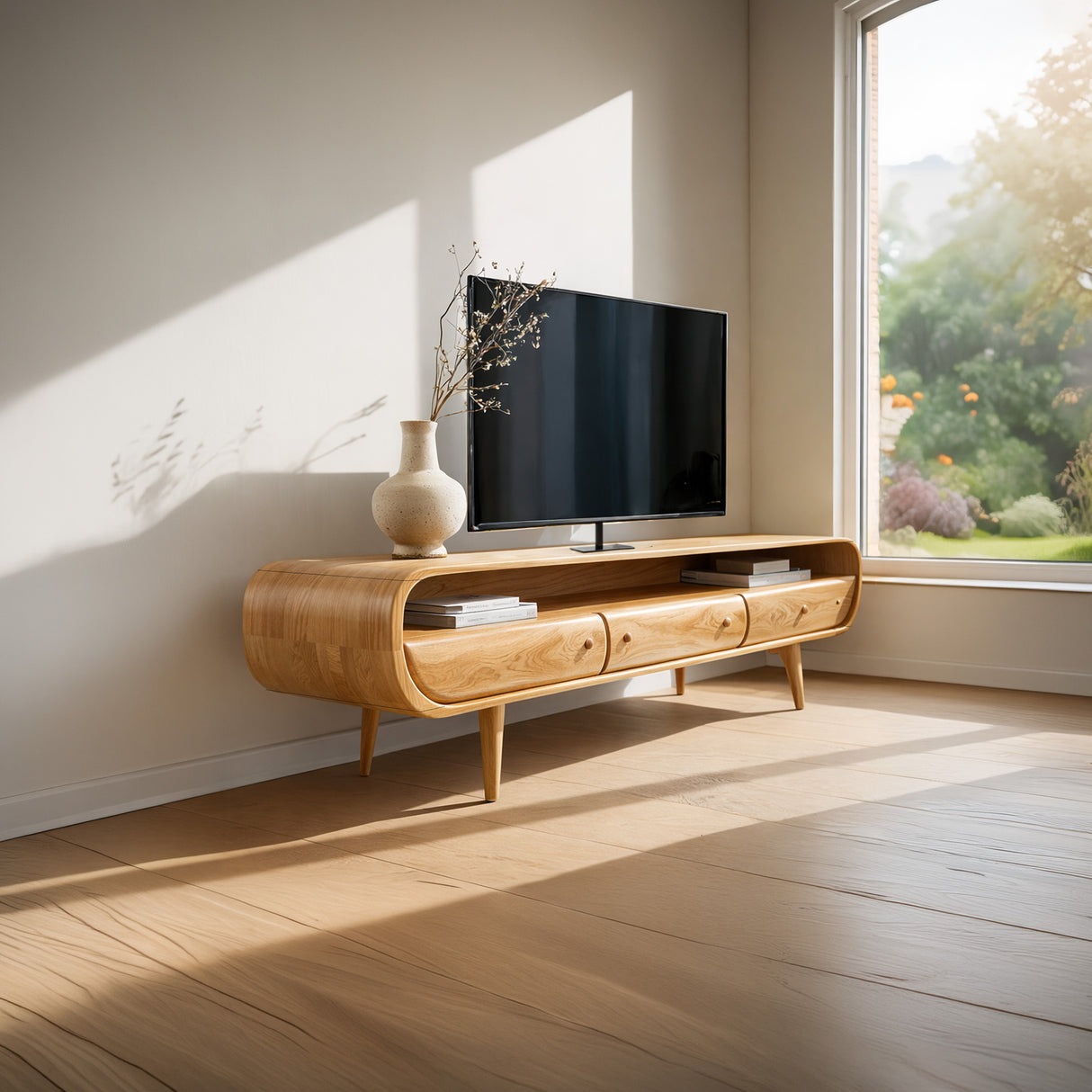 Mid-Century Solid Wood TV Console with Curved Frame
