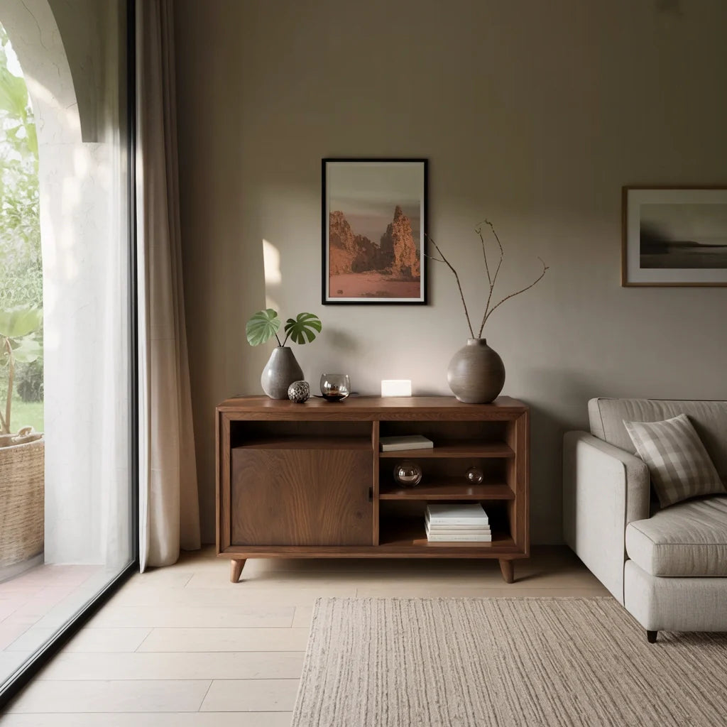 Dark Solid Wood Sideboard with Open Shelving for Modern Interiors
