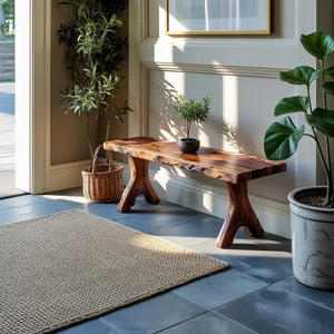 Live Edge Solid Wood Bench with Sculpted Legs for Modern Entryway