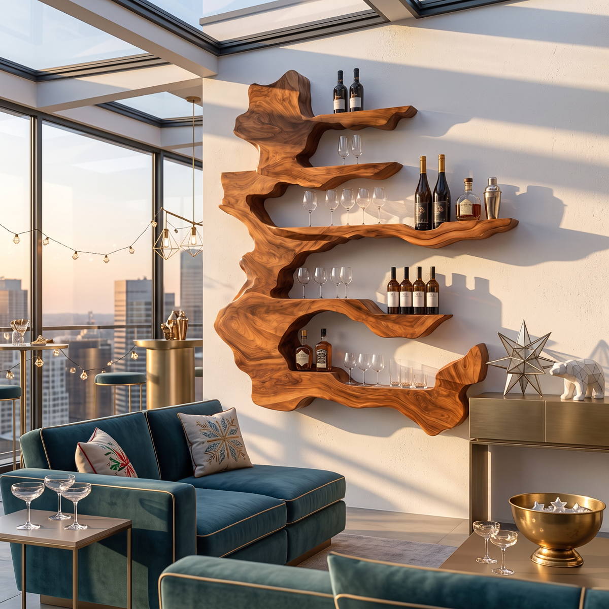 Handcrafted Solid Wood Wine Rack with Sculptural Floating Shelves