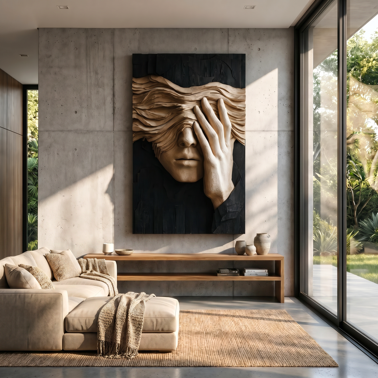 Silent Gaze Wood Wall Sculpture with Flowing Veil