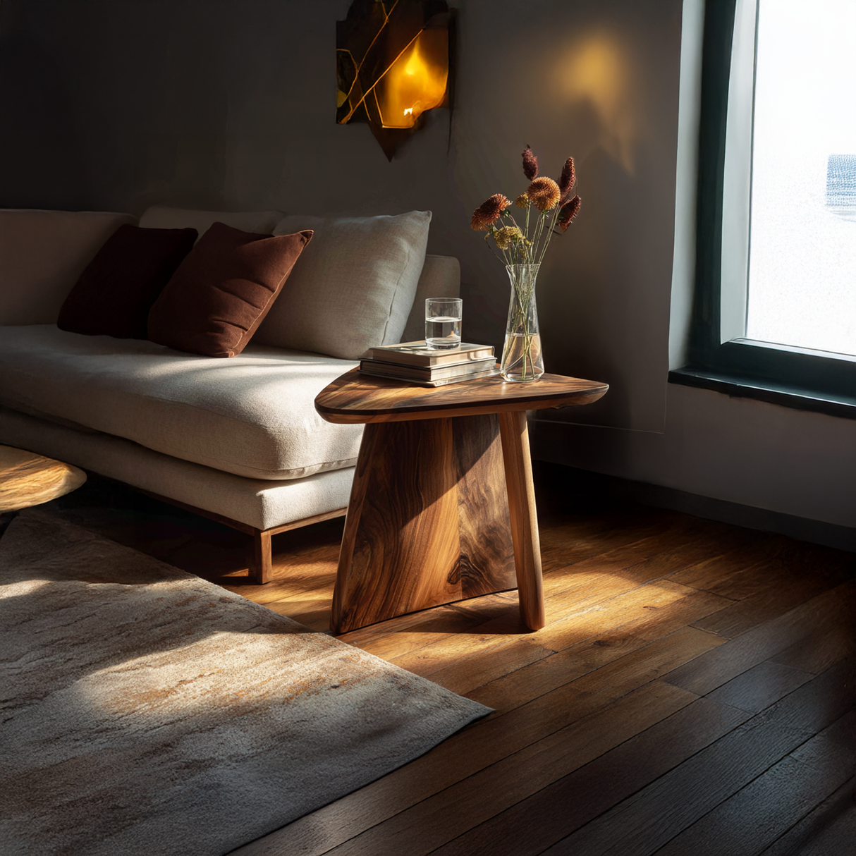 Organic Solid Wood Accent Table with Sculpted Base