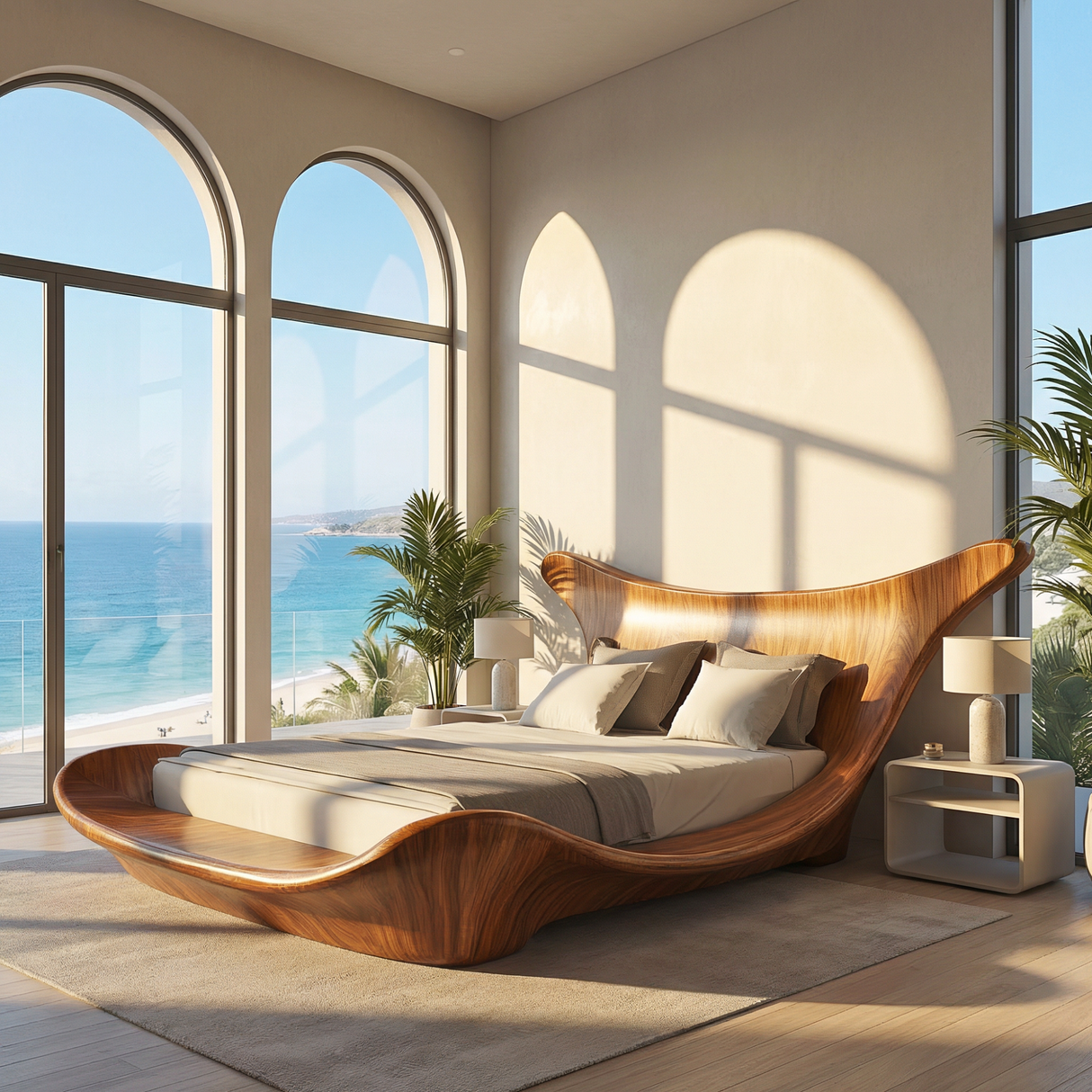 Wave Solid Wood Bed Frame with Sculptural Headboard
