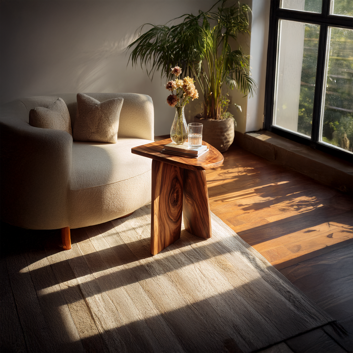 Asymmetrical Solid Wood Side Table with Sculpted Legs