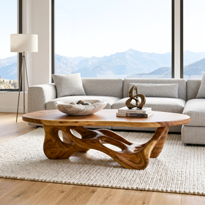 Solid Wood Coffee Table with Organic Openwork Base and Rounded Slab Top
