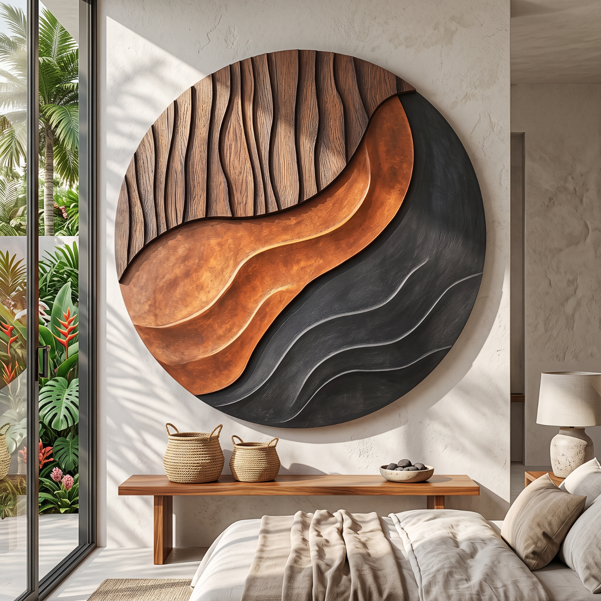 Solid Wood Round Wall Art with Layered Wave Relief for Living Room Decor