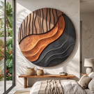 Solid Wood Round Wall Art with Layered Wave Relief for Living Room Decor