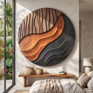 Solid Wood Round Wall Art with Layered Wave Relief for Living Room Decor