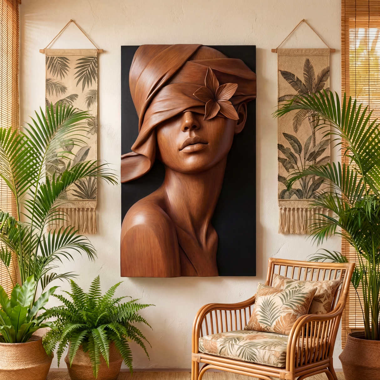 Floral Woman Sculpture Wall Art Solid Wood Handcrafted Decor