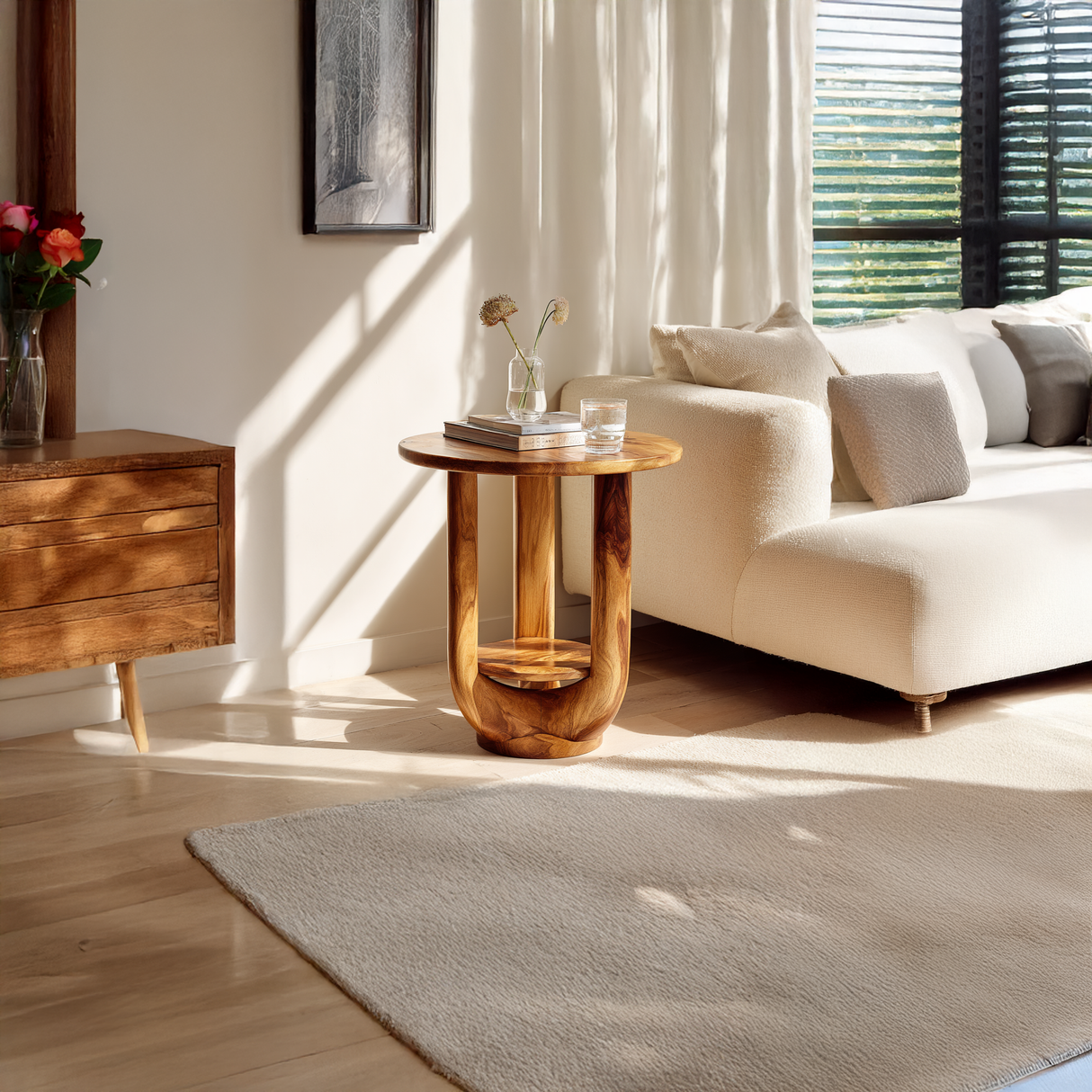 Organic Solid Wood Side Table with Open Sculptural Frame