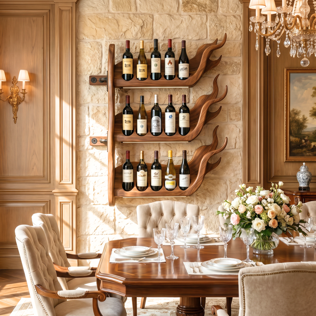Modern Flame Inspired Solid Wood Wine Rack Wall Shelf
