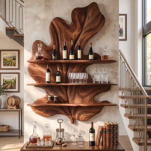 Tropical Leaf Solid Wood Wall Wine Holder with Three Display Shelves