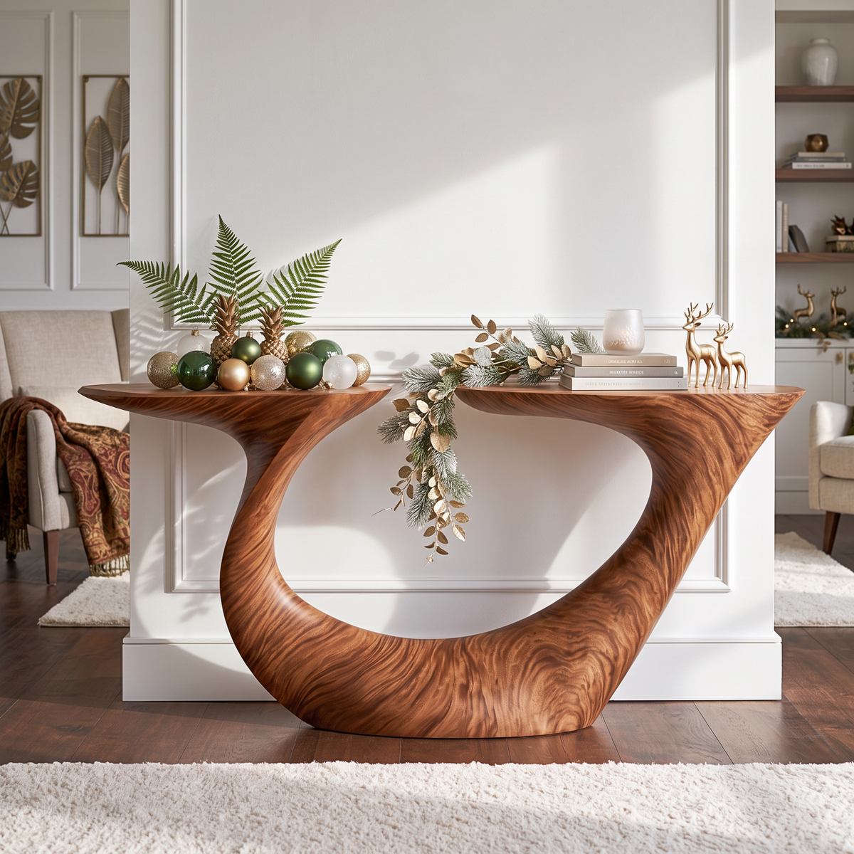 Organic Solid Wood Console Table with Sculptural Double Curve Base