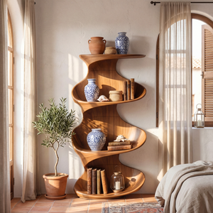 Twisted Wood Display Shelf with Tiered Open Shelves