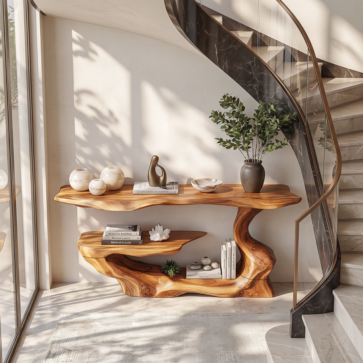 Handcrafted Solid Wood Console Table with Asymmetrical Tiered Shelves