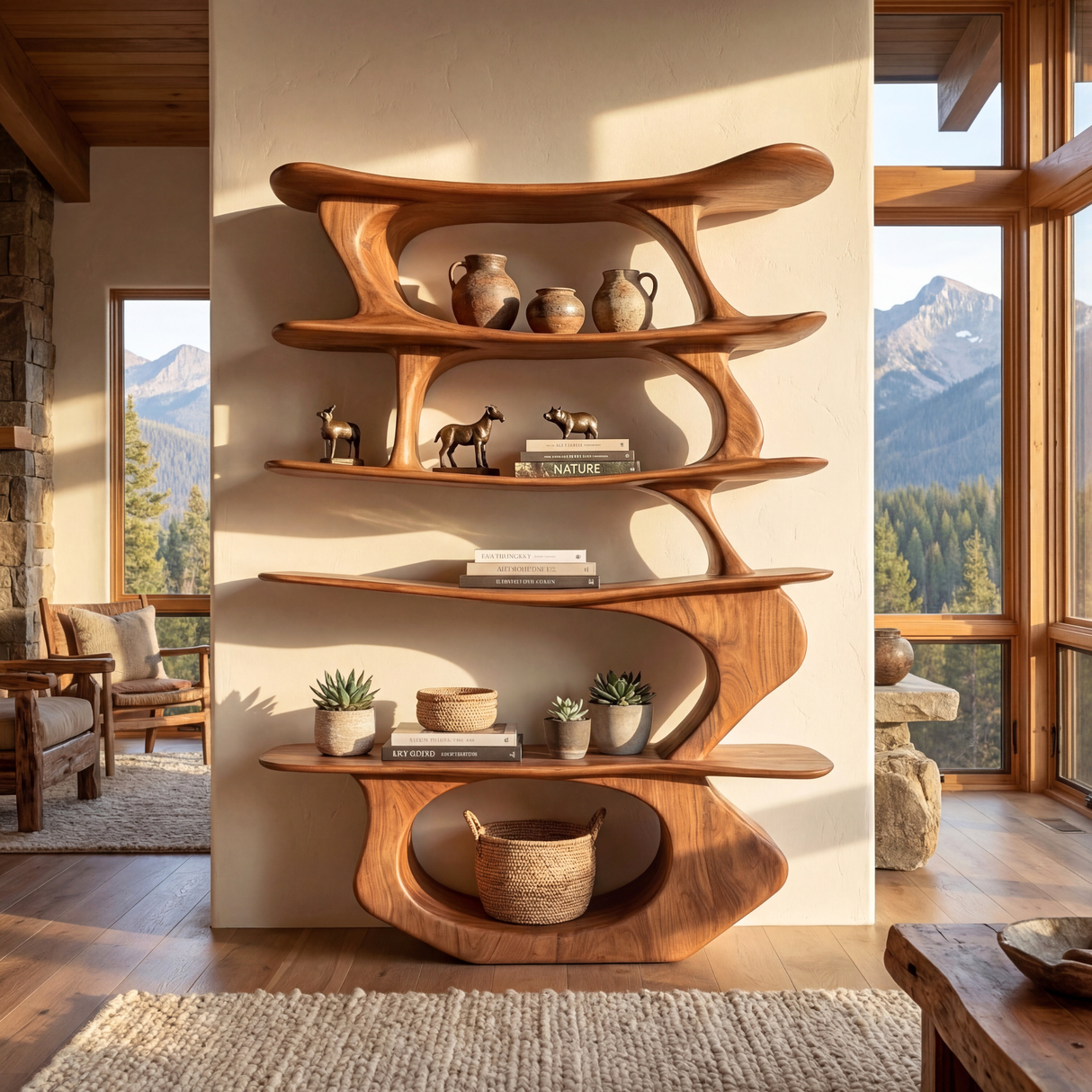 Sculpted Vertical Wood Display Shelf with Floating Asymmetrical Tiers