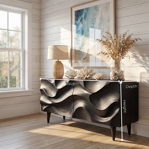 Sculpted Black Wave Front Wood Sideboard Cabinet for Living Room and Dining Room