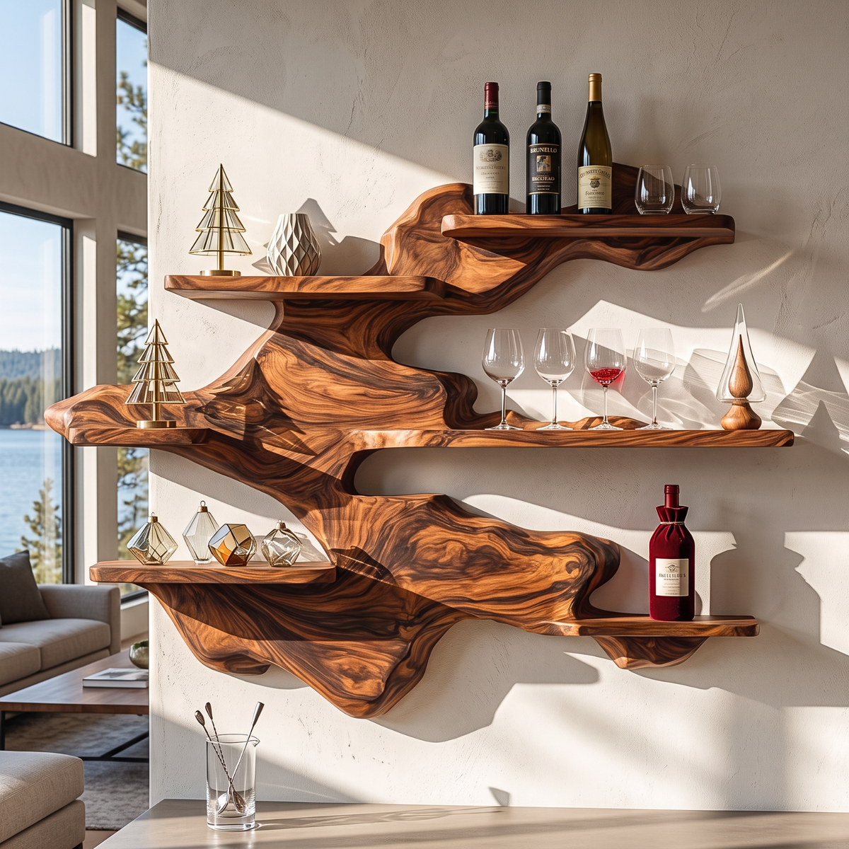 Sculptural Solid Wood Wall Mounted Wine Rack with Staggered Display Shelves