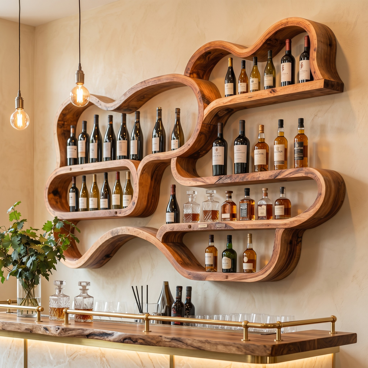 Organic Solid Wood Wall-Mounted Wine Rack with Flowing Shelves