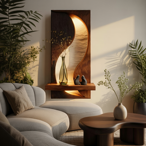 Illuminated Solid Wood Wall Panel with Floating Shelf
