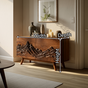 Carved Solid Wood Sideboard Mountain Relief Cabinet Modern Rustic Console Storage Buffet for Living Room