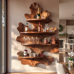 Sculptural Leaf Solid Wood Wall Mounted Wine Rack with Four Display Shelves