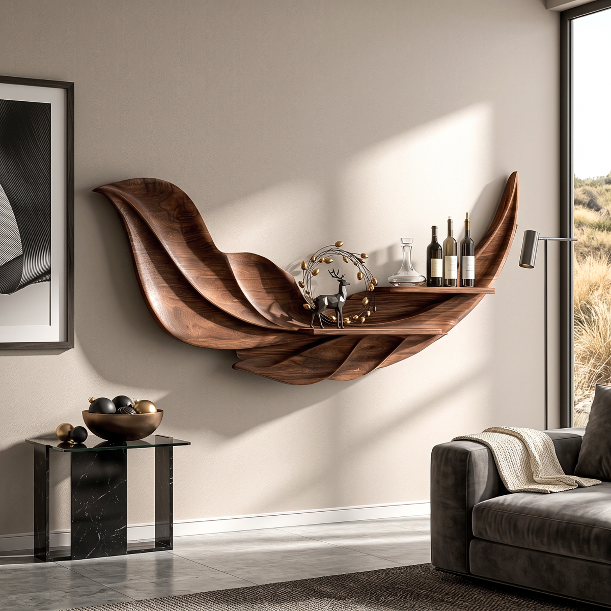 Sculptural Feather Wall Mounted Wine Holder in Solid Wood with Display Shelves