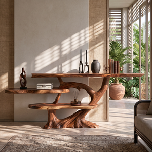 Handcrafted Solid Wood Console Table with Tiered Shelves and Sculptural Tree Base