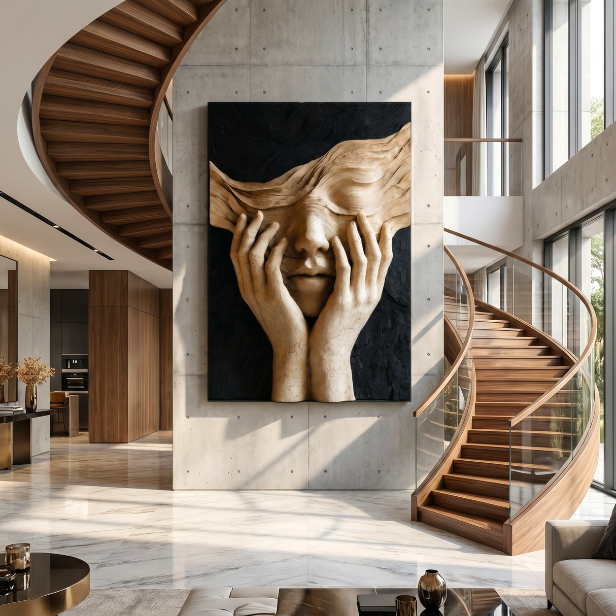 Handcrafted Veiled Face Sculptural Wood Wall Art with Expressive Hands
