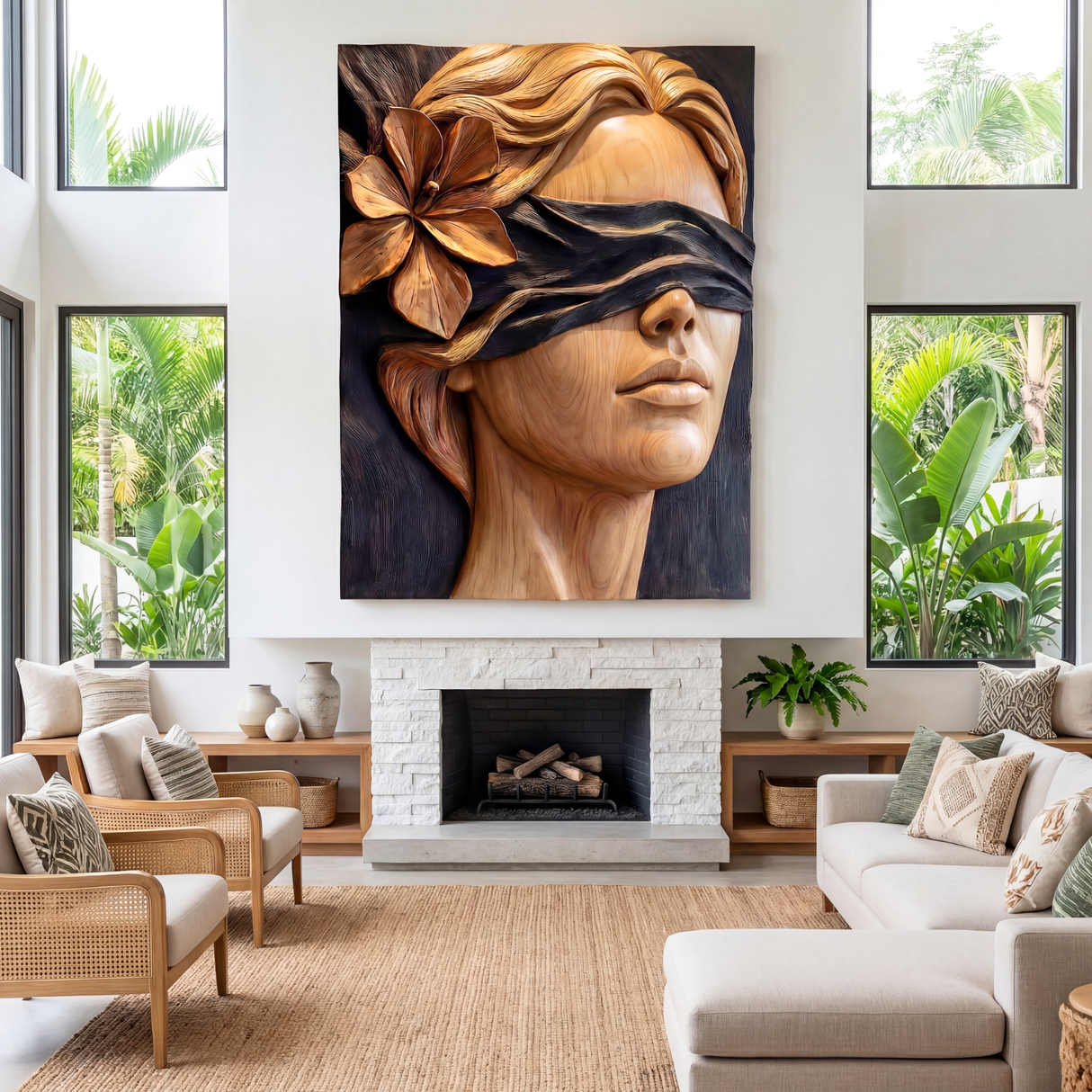 Veiled Contrast Bloom Wooden Relief Portrait Sculpture Wall Art
