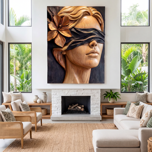 Veiled Contrast Bloom Wooden Relief Portrait Sculpture Wall Art