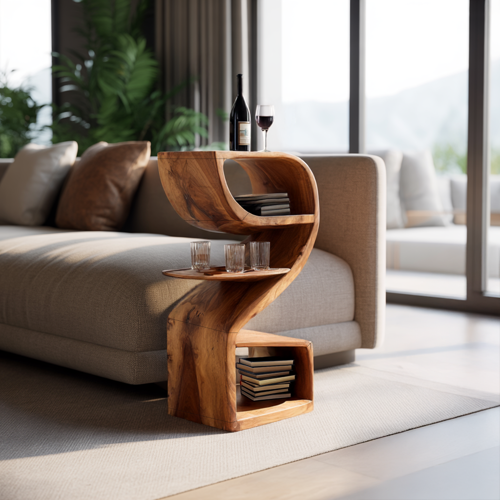 Solid Wood Sculptural Side Table with Curved Storage for Living Room