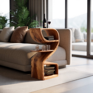 Solid Wood Sculptural Side Table with Curved Storage for Living Room