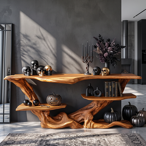 Sculptural Solid Wood Console Table with Tiered Shelves and Organic Root Base