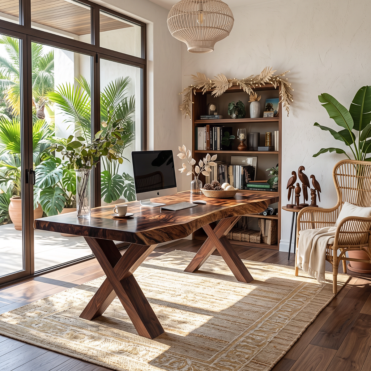 Live Edge Solid Wood Desk with Sculptural X Legs for Home Office