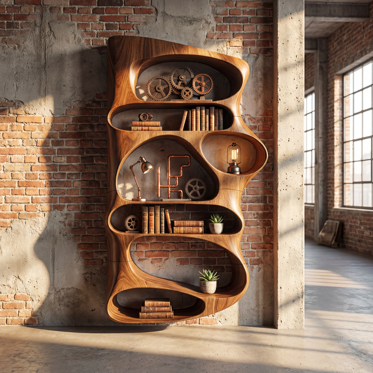 Wall Mounted Sculptural Wood Shelf with Flowing Open Niches